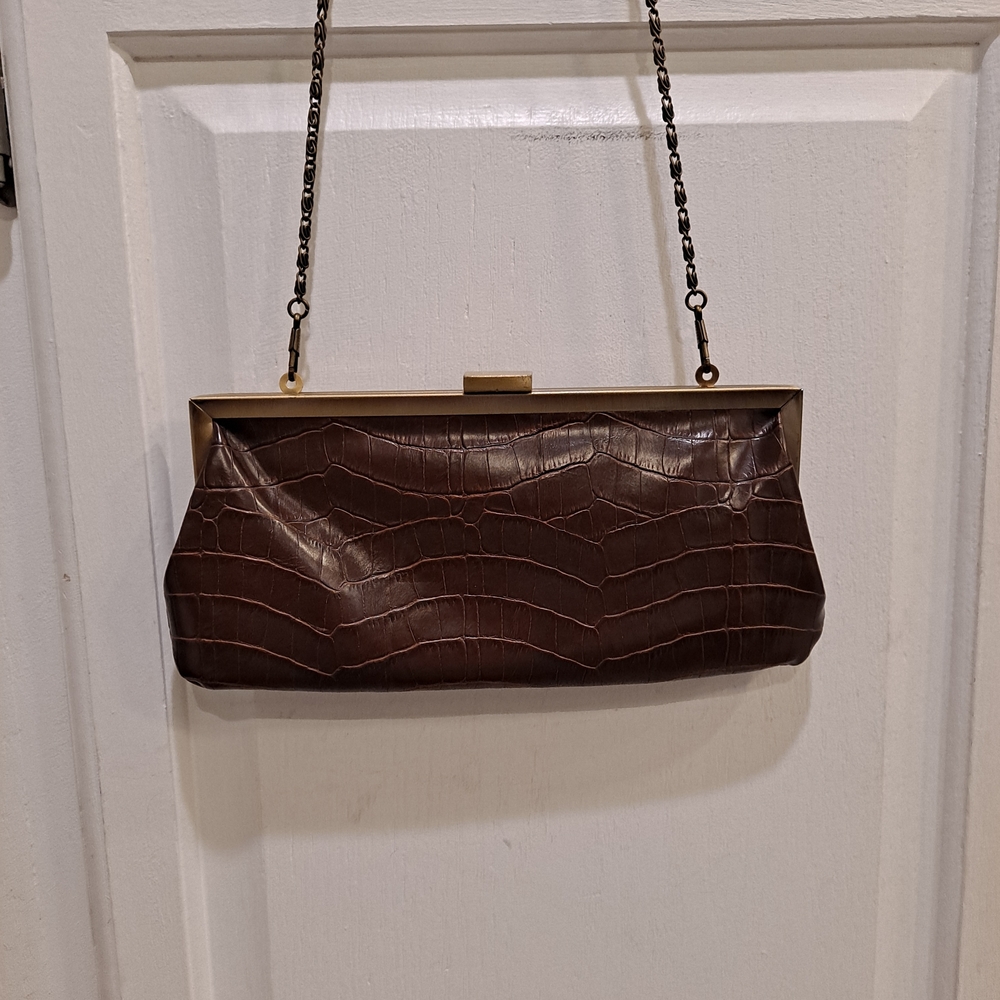 Bandolino Vintage Dark Brown Croc Embossed Clutch with Antique Gold Trim